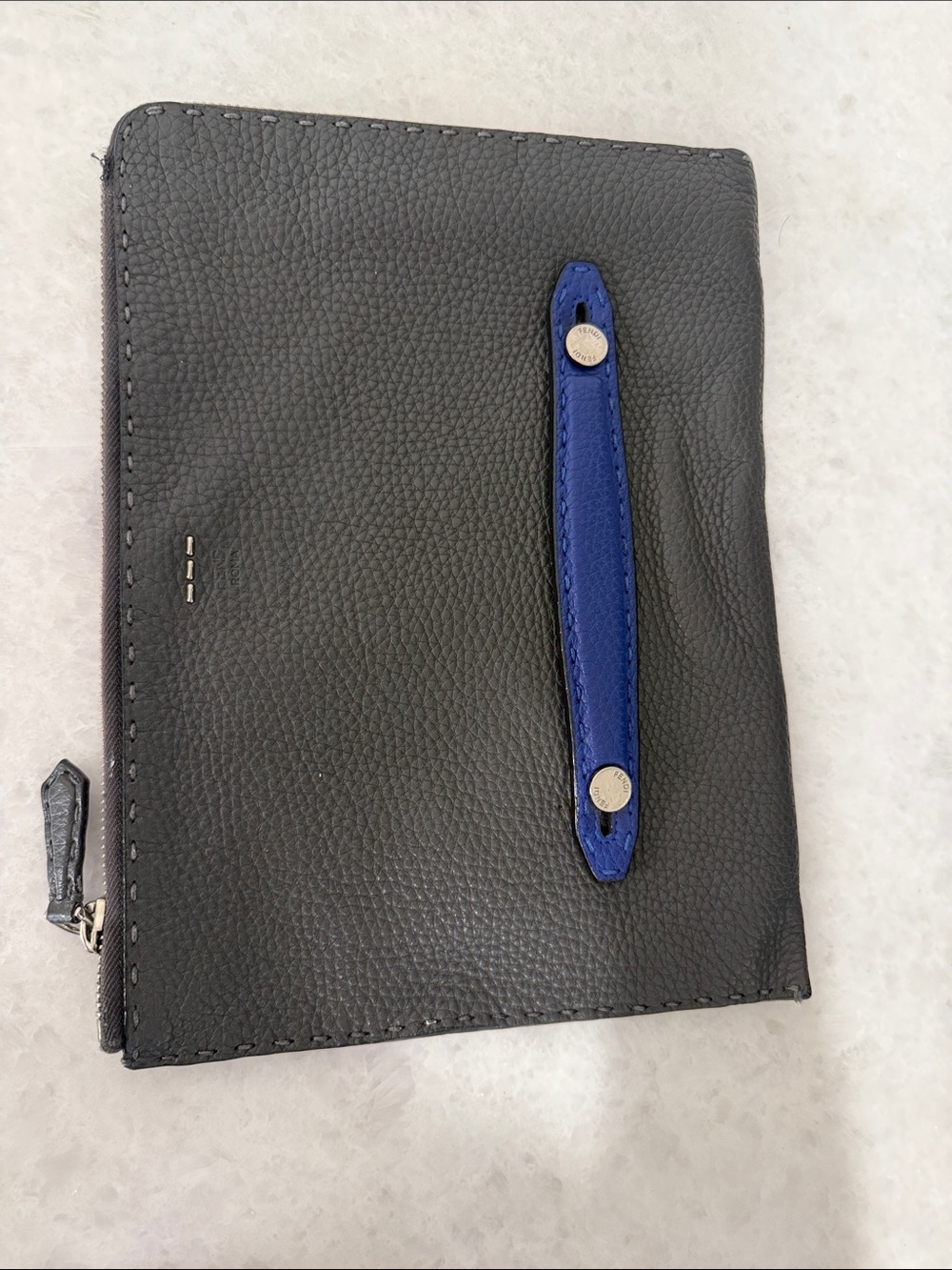 Fendi Black Leather Men's Toiletry Pouch with Blue Strap